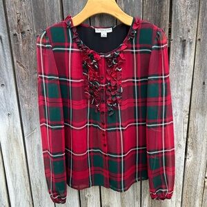 Pendleton Silk Plaid Ruffe Puff Sleeve Blouse Top Red 14